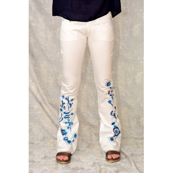 Pantaloni albi cu pictură abstractă, unicat