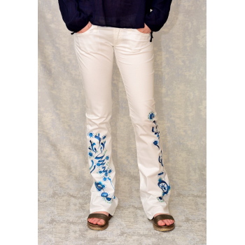 Pantaloni albi cu pictură abstractă, unicat