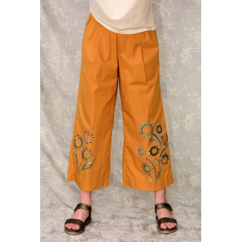 Pantaloni ocru cu pictură florală, unicat