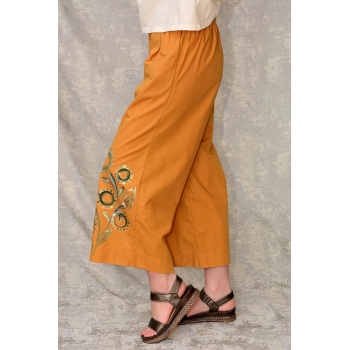 Pantaloni ocru cu pictură florală, unicat